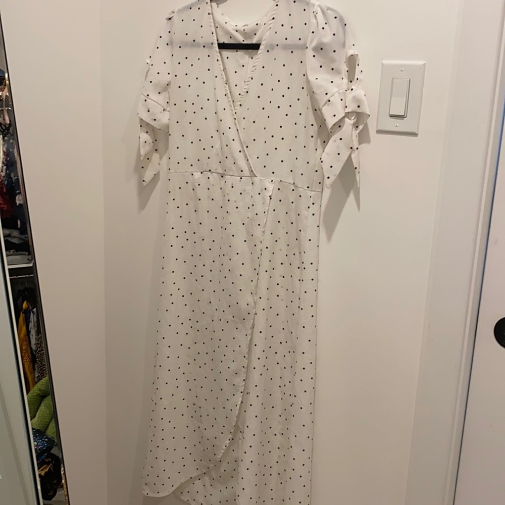 White polka dot wrap on style midi dress